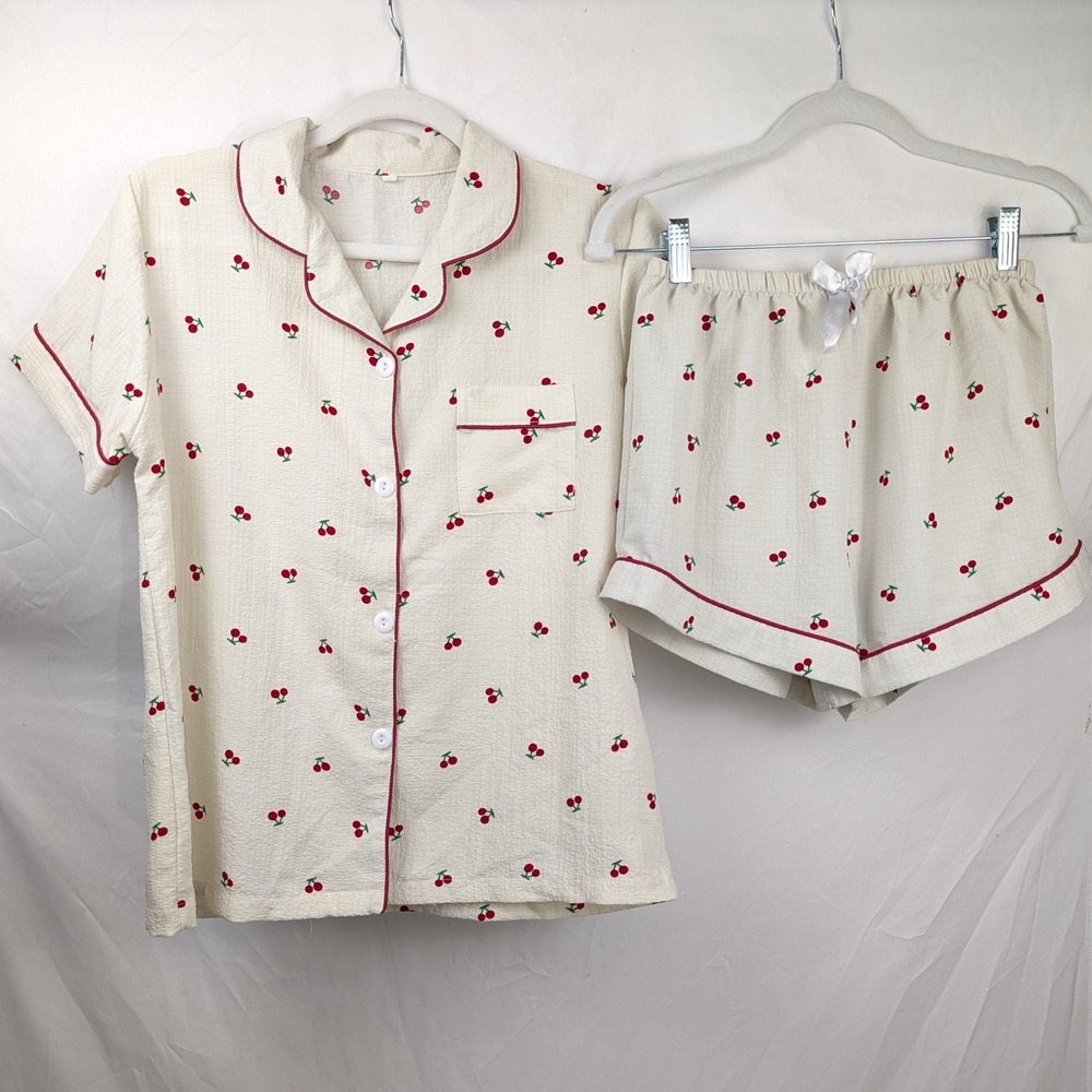 Cherry Print Pajama Set Button Shirt Shorts Size M Cream Red Novelty Print Fruit - Picture 2 of 10